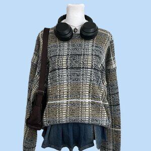 vintage 90s gray beige white plaid preppy indie skater sweater